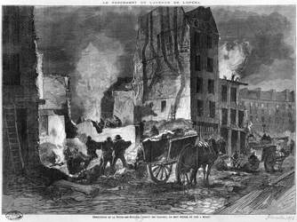 Edifício da Avenida de l&39;Opéra, demolição do Butte des Moulins, das 19h à meia-noite, gravado por Charles Baude (1853-1935) dezembro de 1876